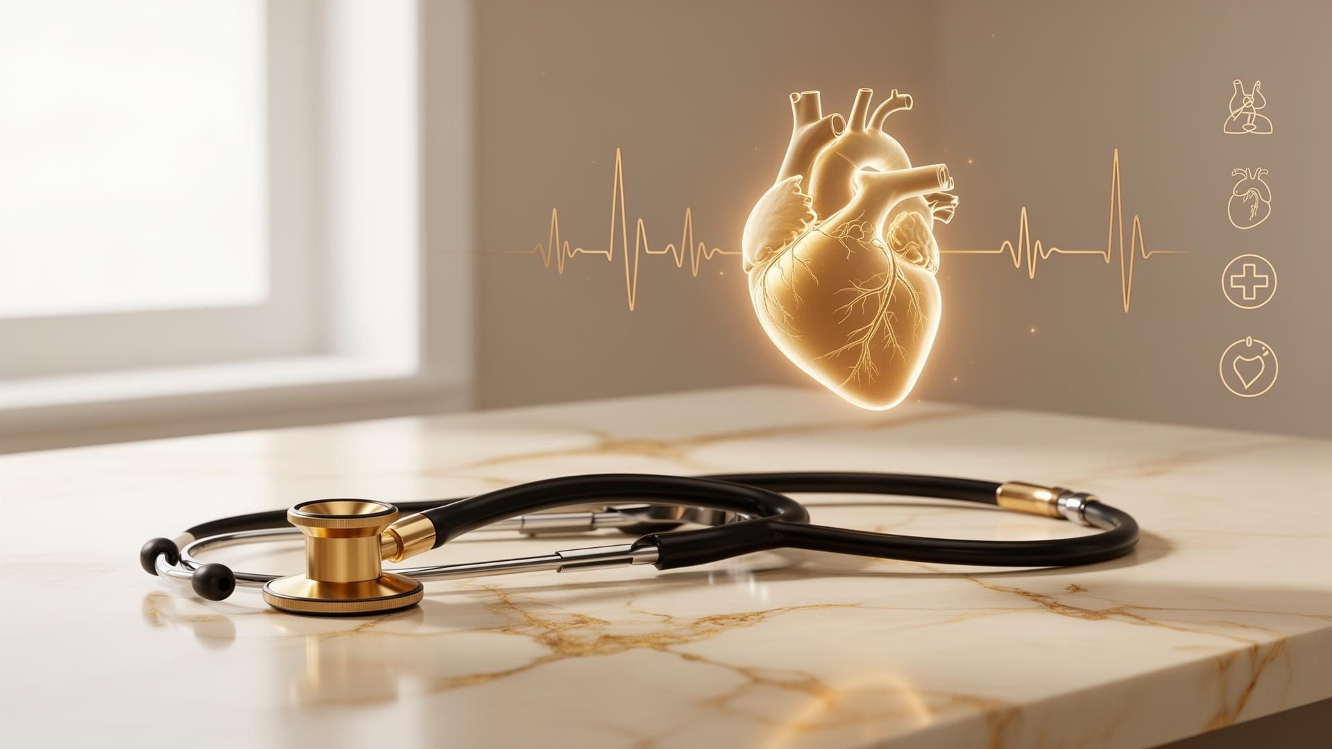 Estetoscópio dourado sobre mármore com coração anatômico holográfico — cardiologia editorial de luxo